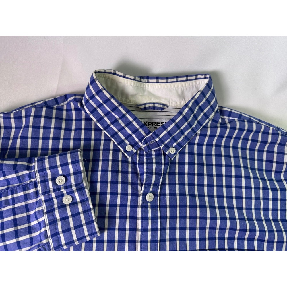 Express Soft Wash Shirt XL Blue Gingham Check Button Down Long Sleeve Men Cotton